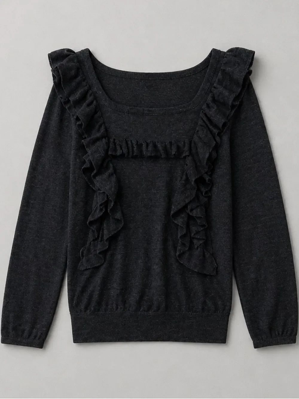 Anthropology Moth Gray ruffled square neck wool blend long sleeve sweater